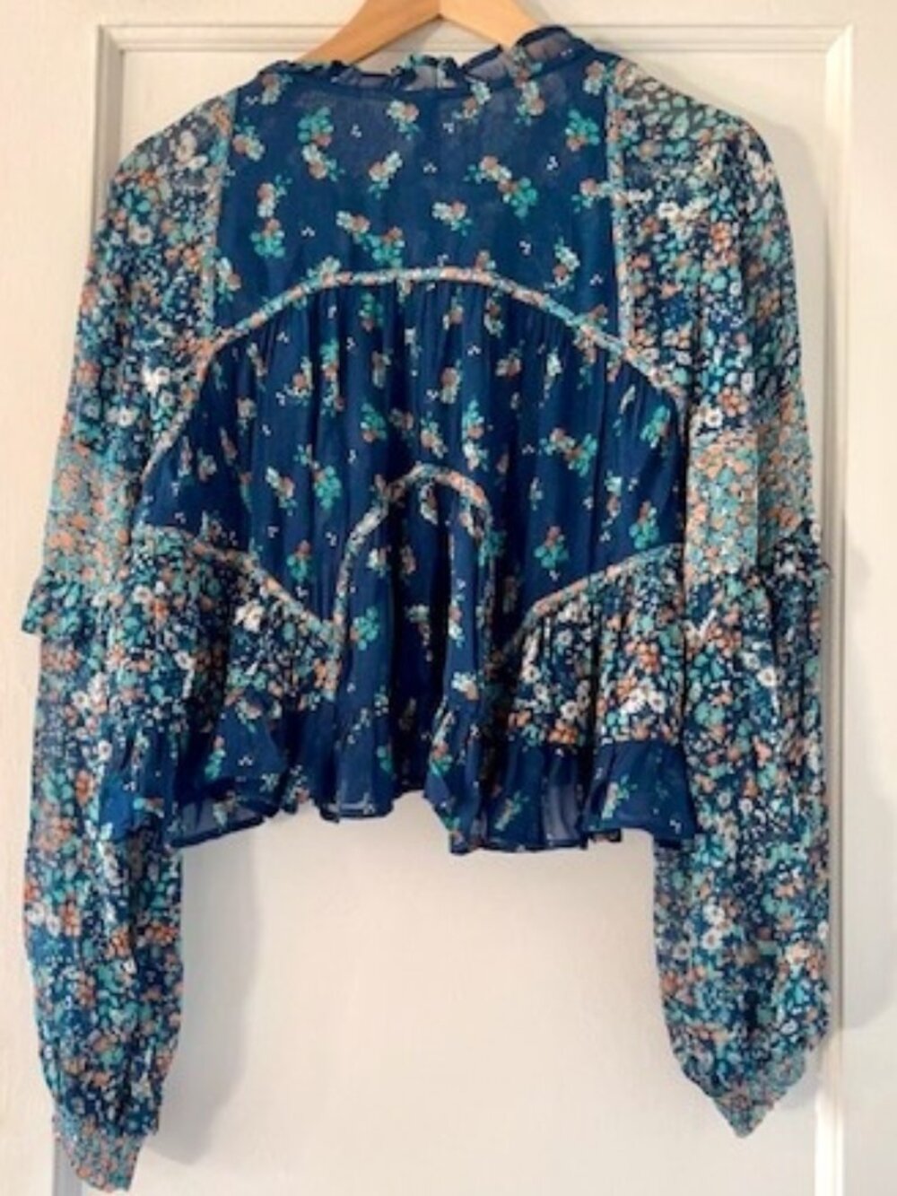 Anthropologie Sheer Babydoll Blouse In Blue Floral Print - Picture 5 of 10